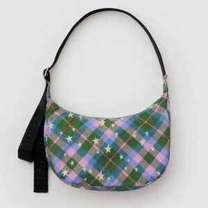 BAGGU Green Star Plaid Medium Nylon Crescent Bag